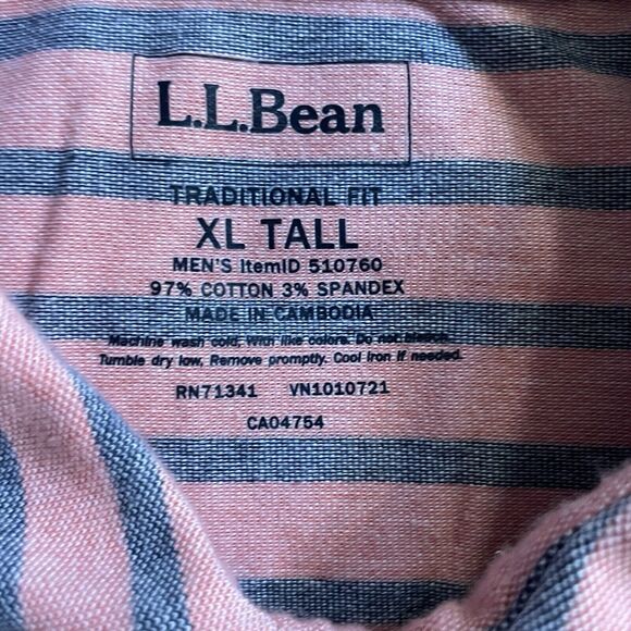 LL Bean Polo Shirt Short Sleeve Pink Blue Striped Cotton Stretch Mens XLT - Picture 3 of 6